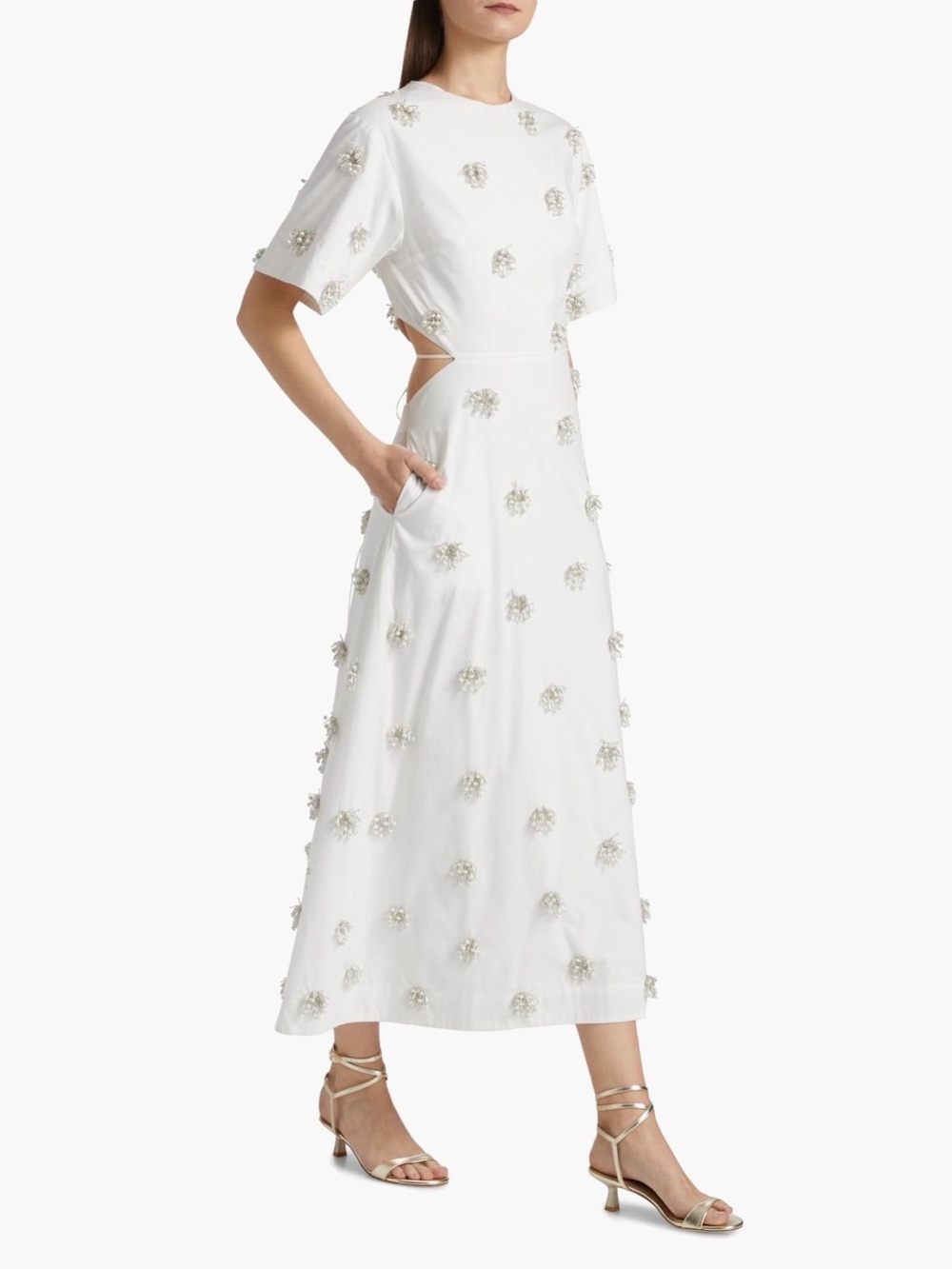 SIMKHAI Starla Beaded Embellished Maxi Dress, Cotton White Cutout, sz 2